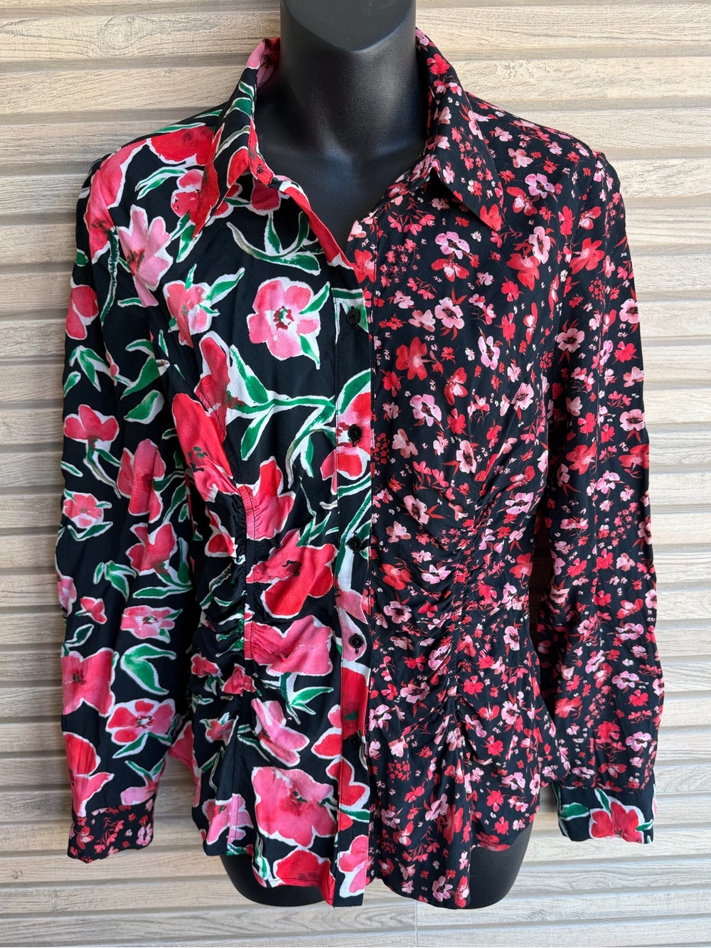 Desigual Milan Floral Ruched Button Front Blouse Shirt Top Pink Black Colorblock
